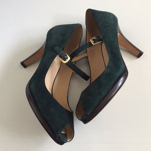 Cole Haan green suede Mary Jane peep toe pumps, 8B